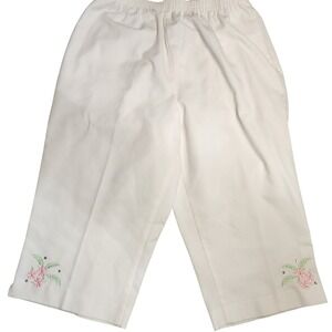 Womens Petite Capri Pants White Floral Embroidered‎ Elastic Waist Grannycore M